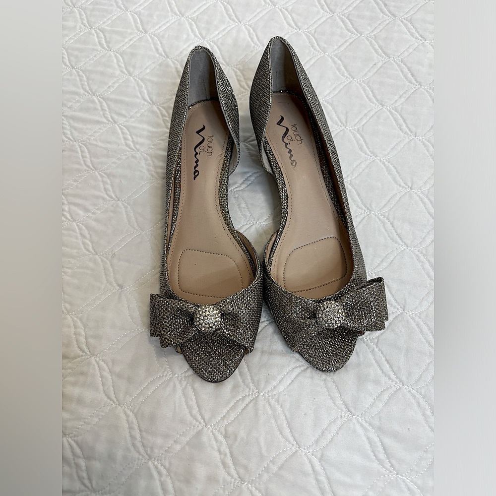 TOUCH of NINA Silver, Sparkly,  Flat, 1 1/2- Inch, Wedge-Heeled Flats.